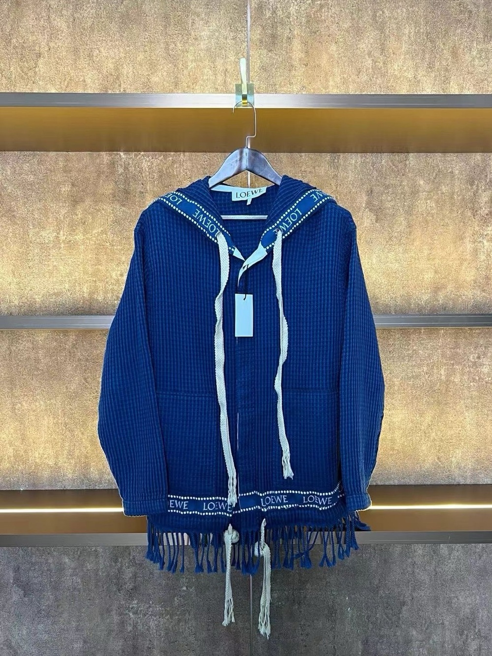 Loewe Navy Waffle-Knit Hooded Fringe Cardigan